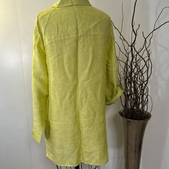 Tahari Linen long sleeve button down tunic in lime green - Picture 5 of 7